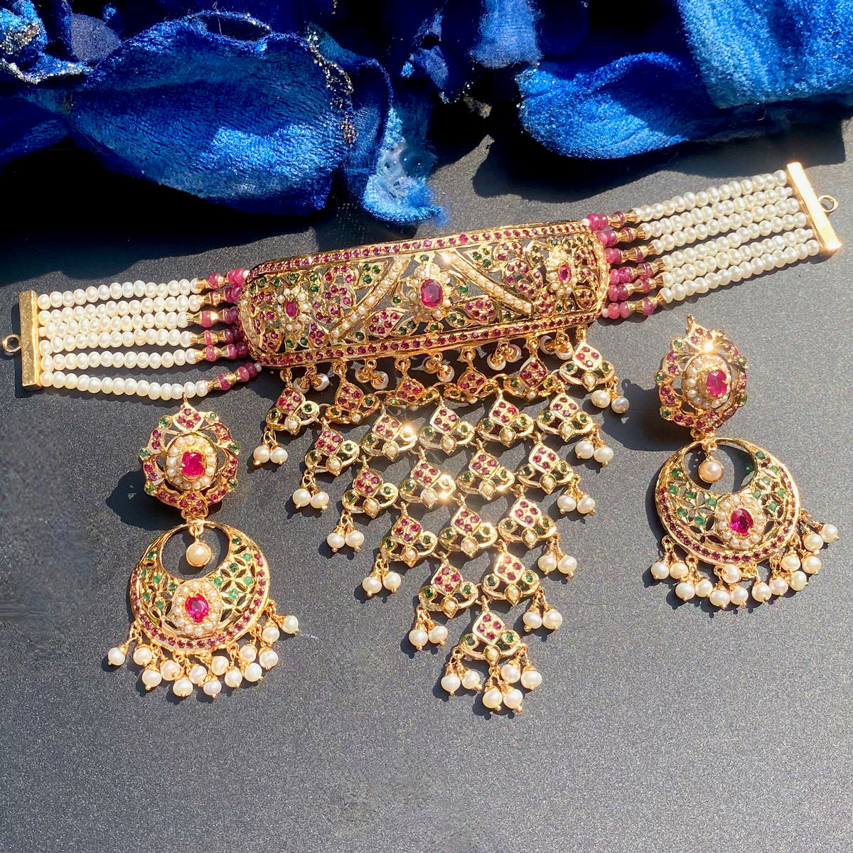 Bridal Jadau Choker Necklace with Chandbali Earrings | Gold Plated on Silver NS 485