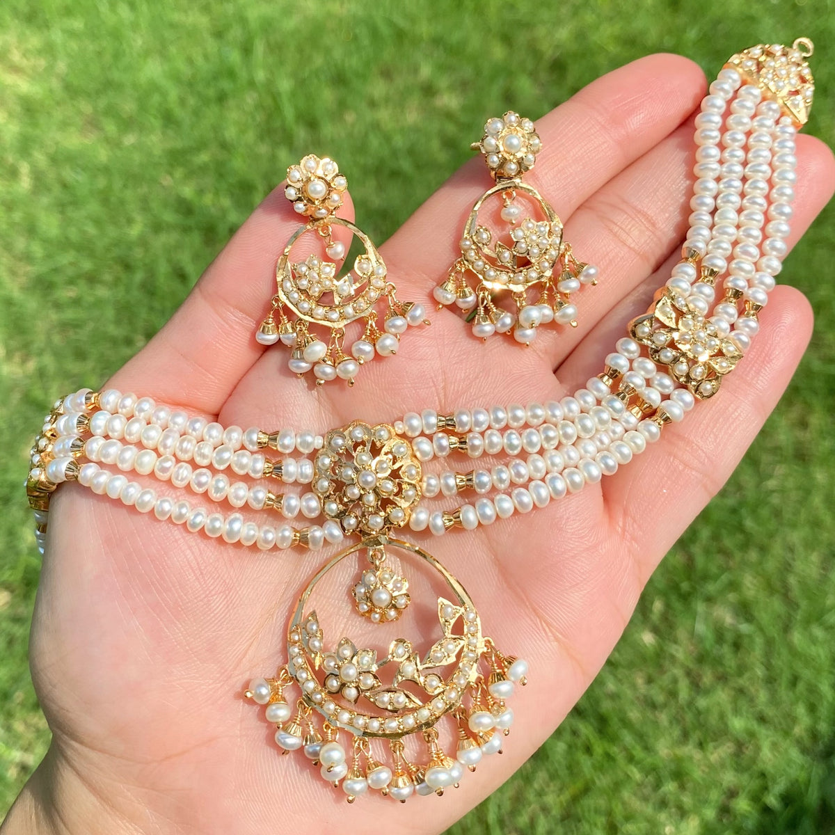 Freshwater Pearl Chandbali Choker Set in Gold-Plated 925 Silver NS 488