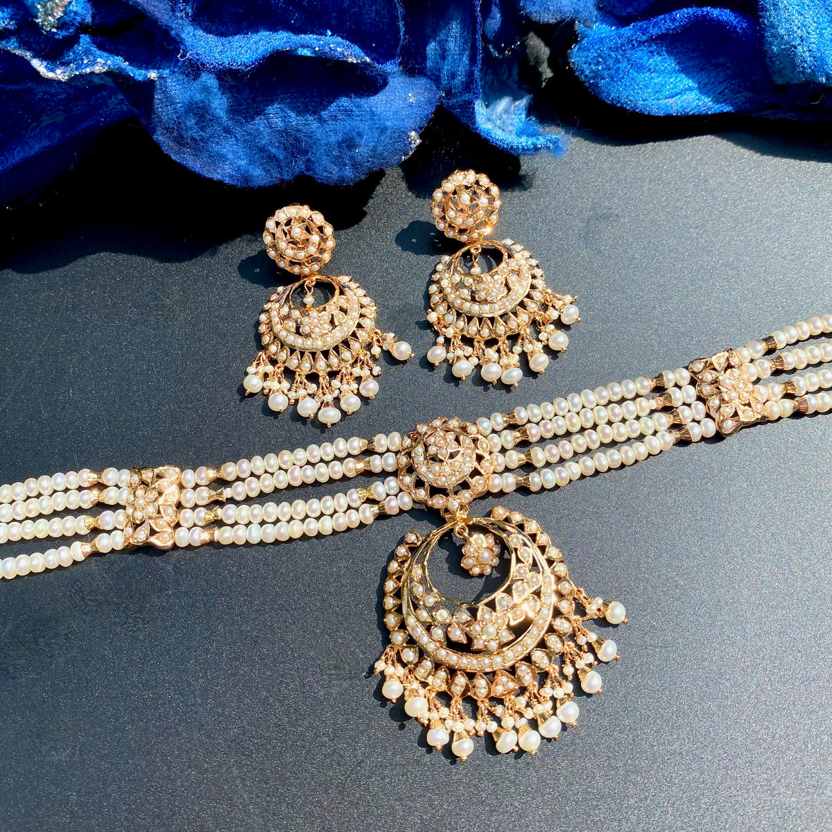 Exquisite Pearl Choker paired with Chandbali Earrings | Gold Plated Silver NS 489