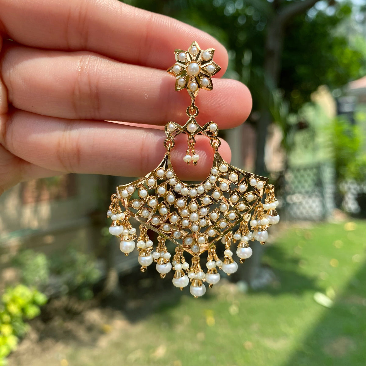 Pearl Jadau Chandbali Earrings in Gold-Plated Silver ER 791