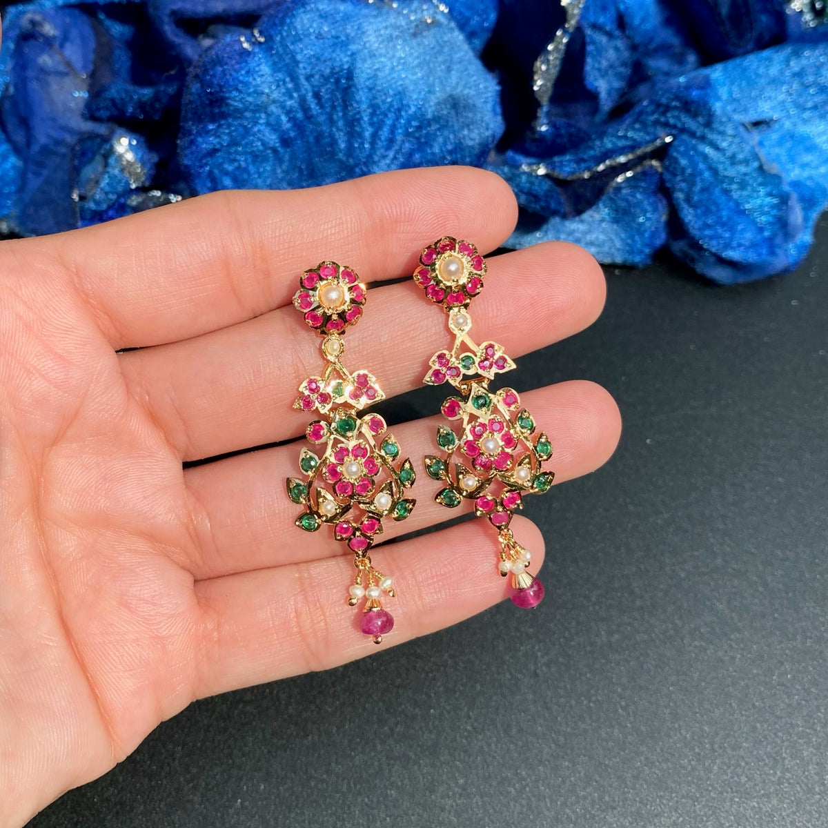 Floral Jadau Earrings in Gold-Plated Silver | Dainty Design ER 795