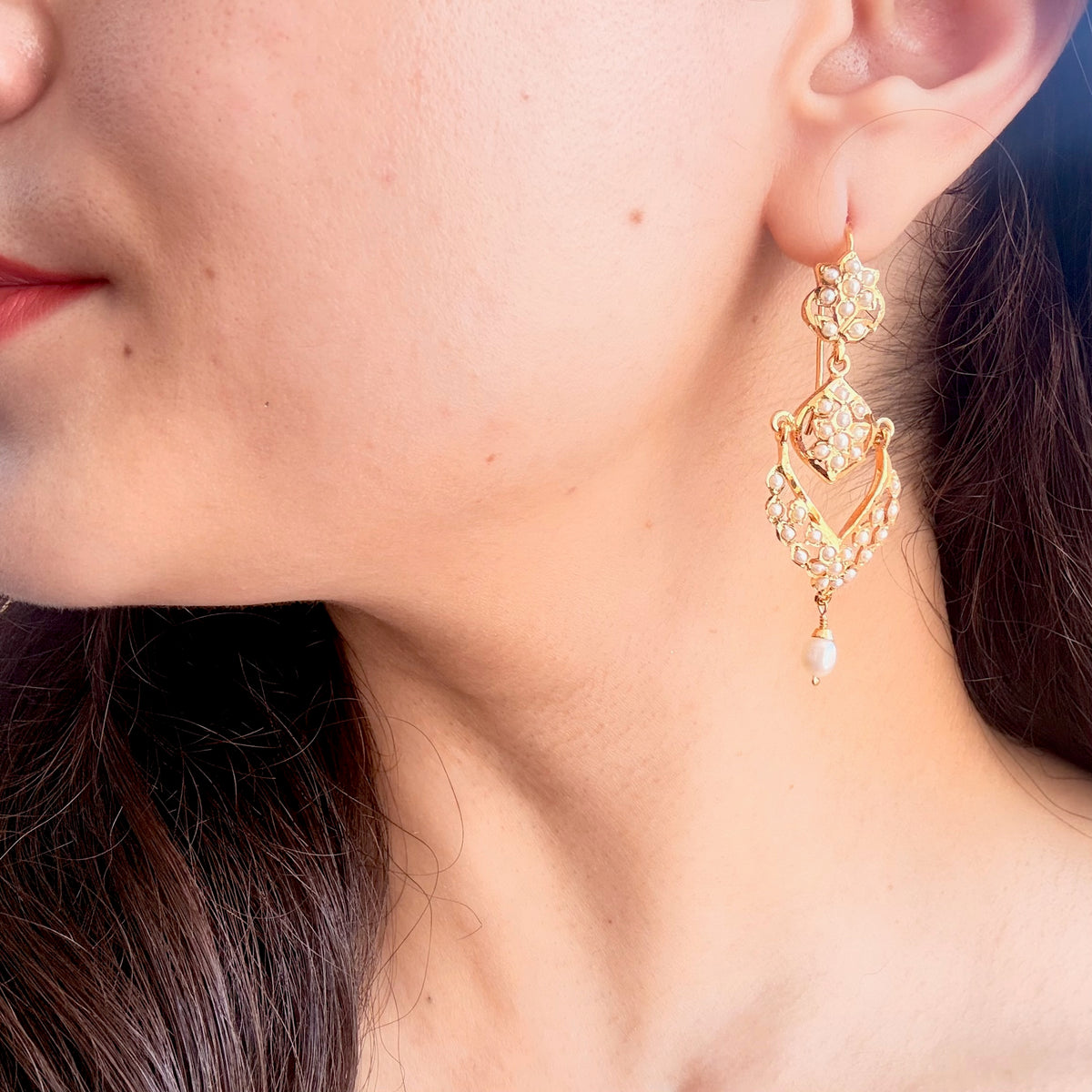 Pearl Floral Geometric Dangler Earrings ER 777