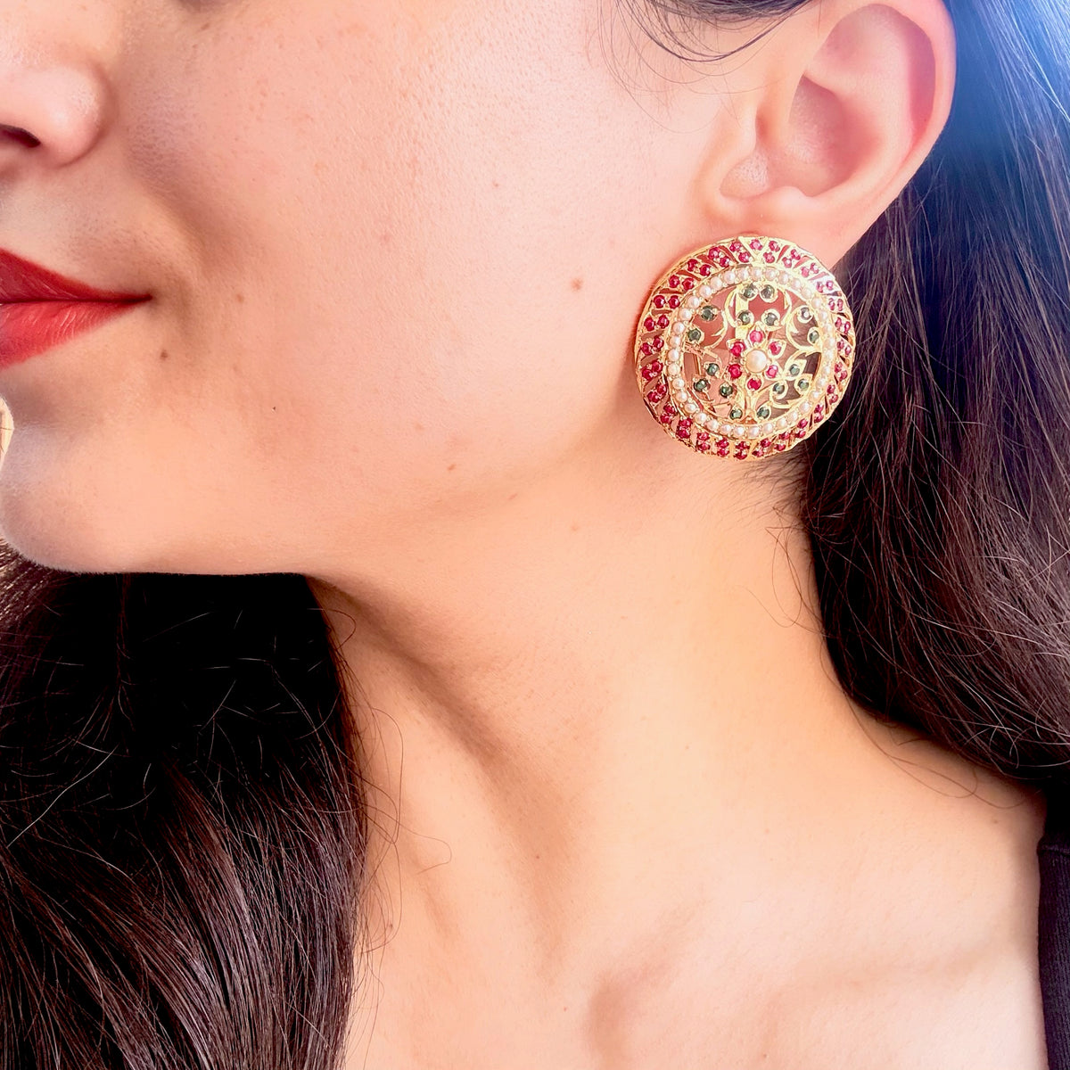 Pink And Green Floral Stud Earrings | Gold Plated on Silver ER 781