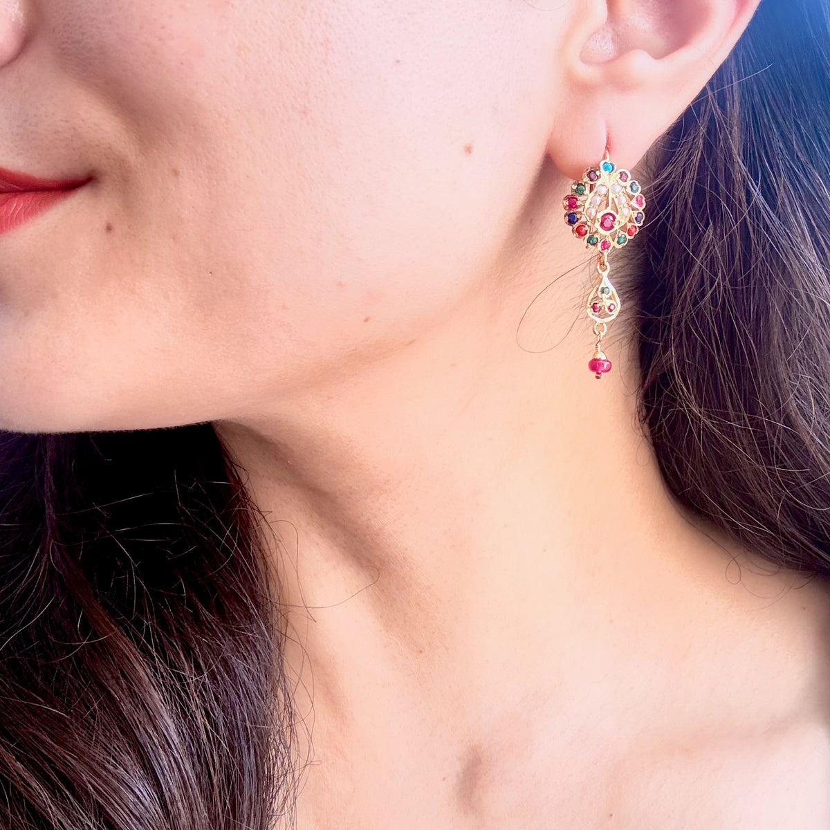 Multicolour Floral Drop Earrings | Fishhook Closure Jadau Earrings ER 785