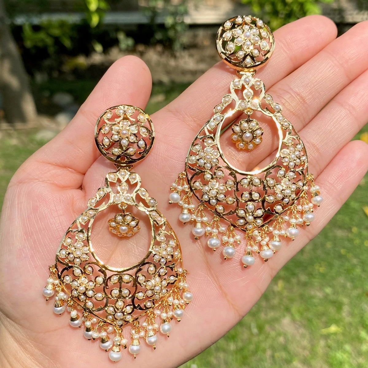Fine Pearl Chandbali Earrings on Gold Plated Silver ER 793