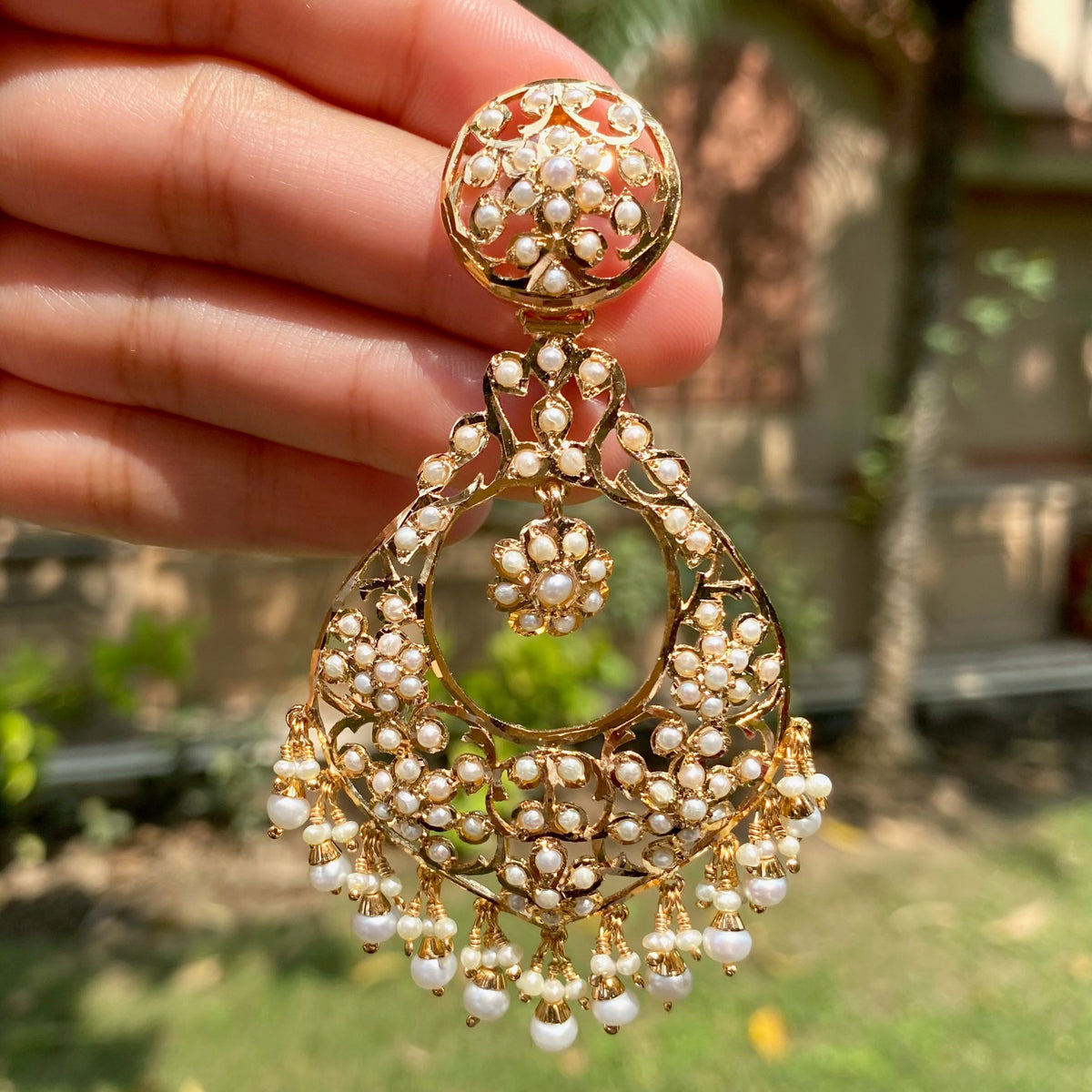 Fine Pearl Chandbali Earrings on Gold Plated Silver ER 793