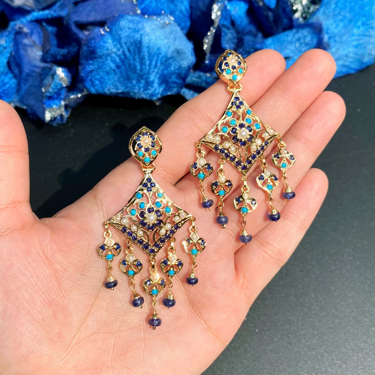Turquoise, Sapphire Blue & Pearl Statement Earrings in Gold-Plated Silver ER 789