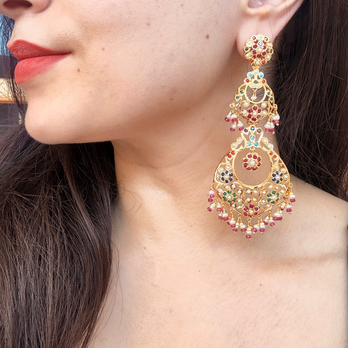 Multicolour Pearl Chandbali Dangler Earrings ER 770