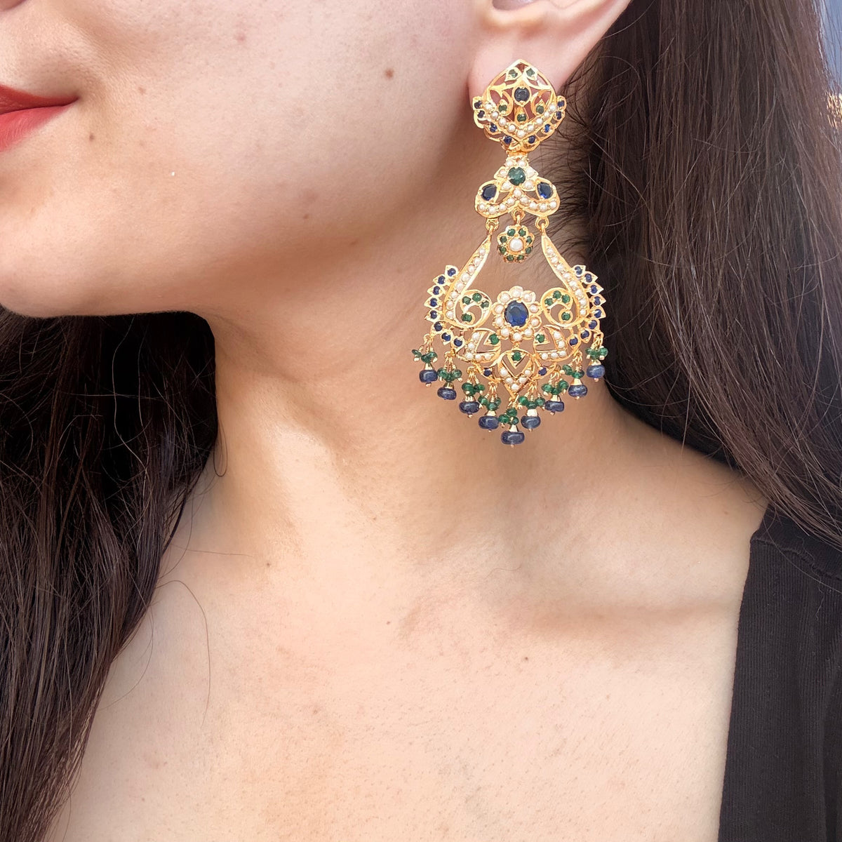Blue Green Pearl Statement Chandbali Earrings | Gold Plated on Silver  ER 769