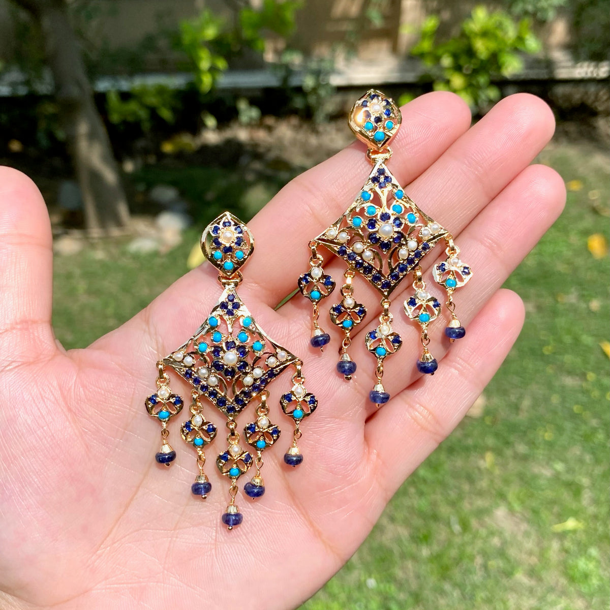 Turquoise, Sapphire Blue & Pearl Statement Earrings in Gold-Plated Silver ER 789