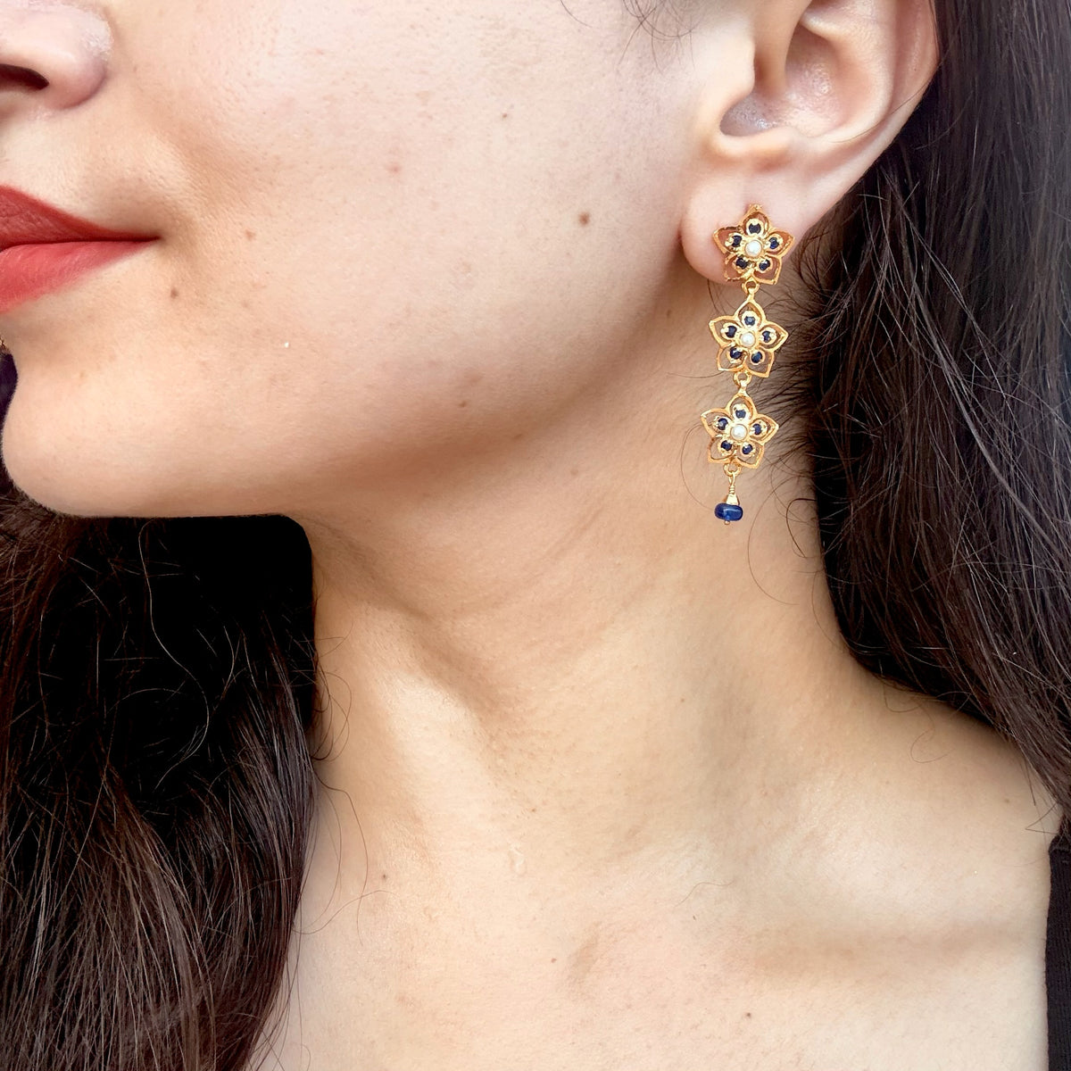 Blue Stone Floral Drop Earring | Gold Platedon 925 ER 774