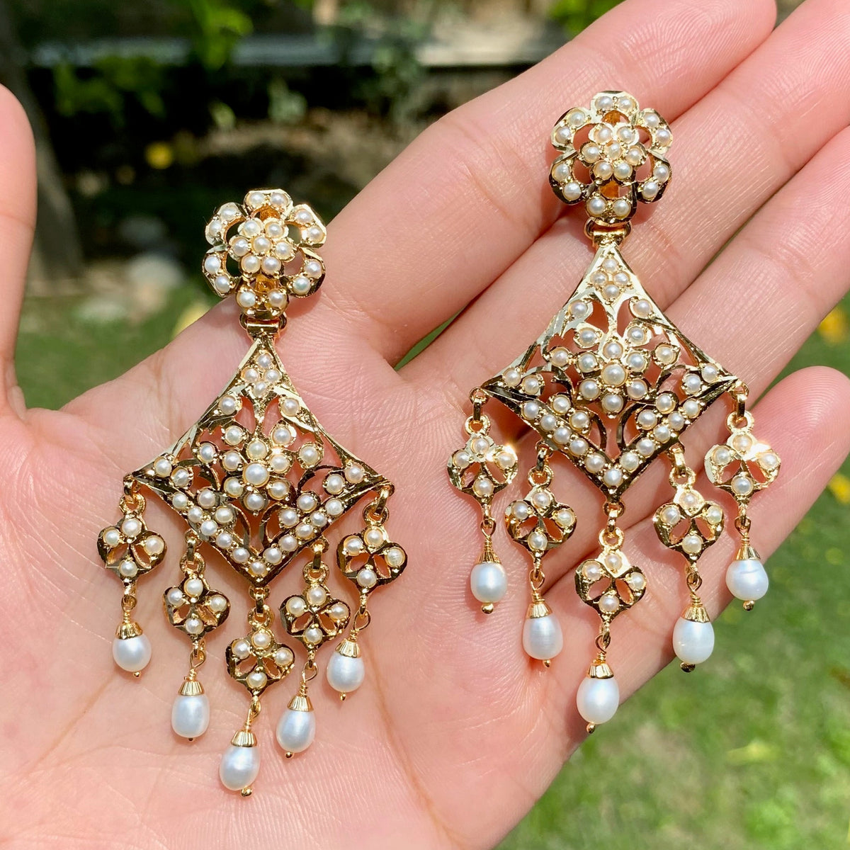 Pearl Floral Chandelier Earrings in Gold-Plated Silver ER 790