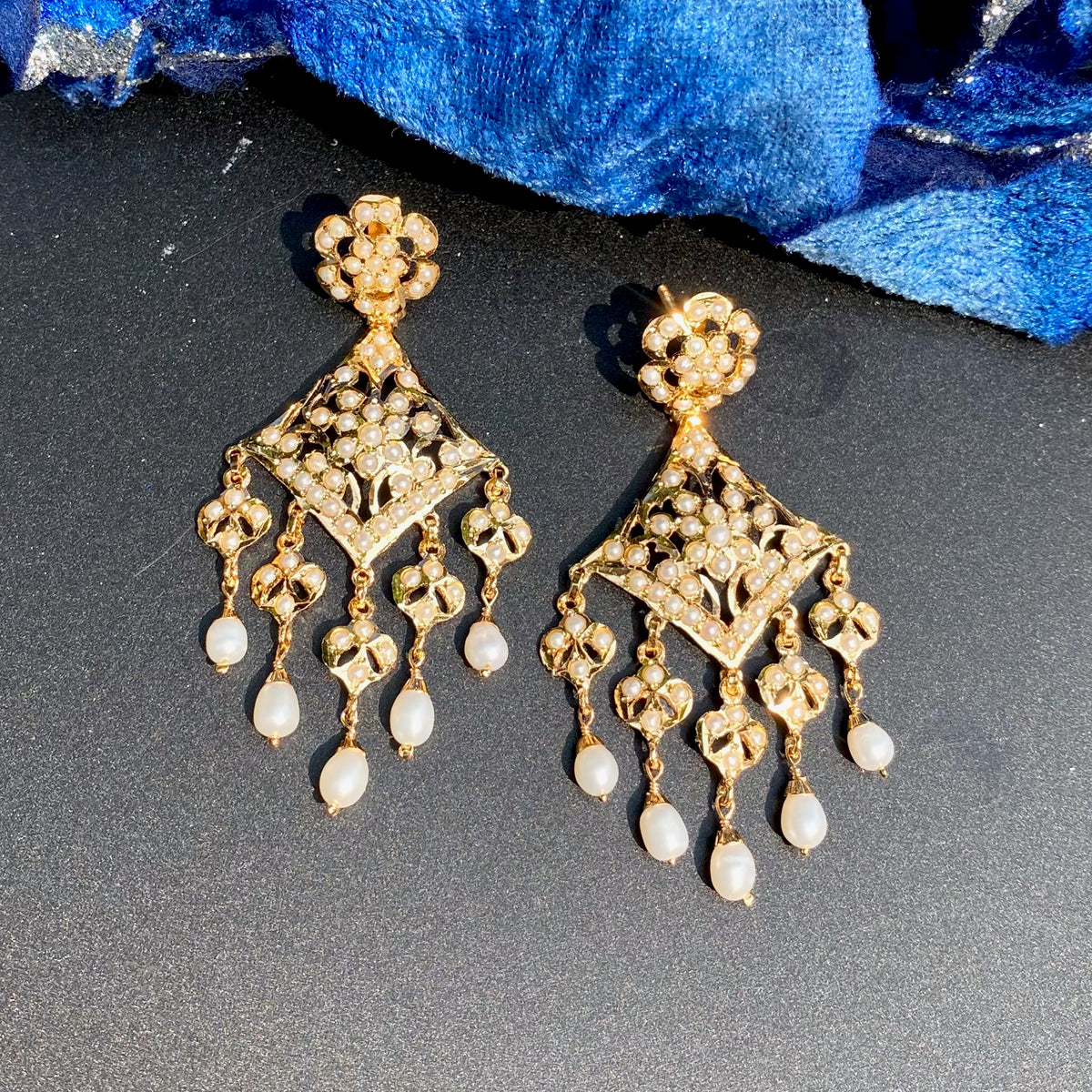 Pearl Floral Chandelier Earrings in Gold-Plated Silver ER 790