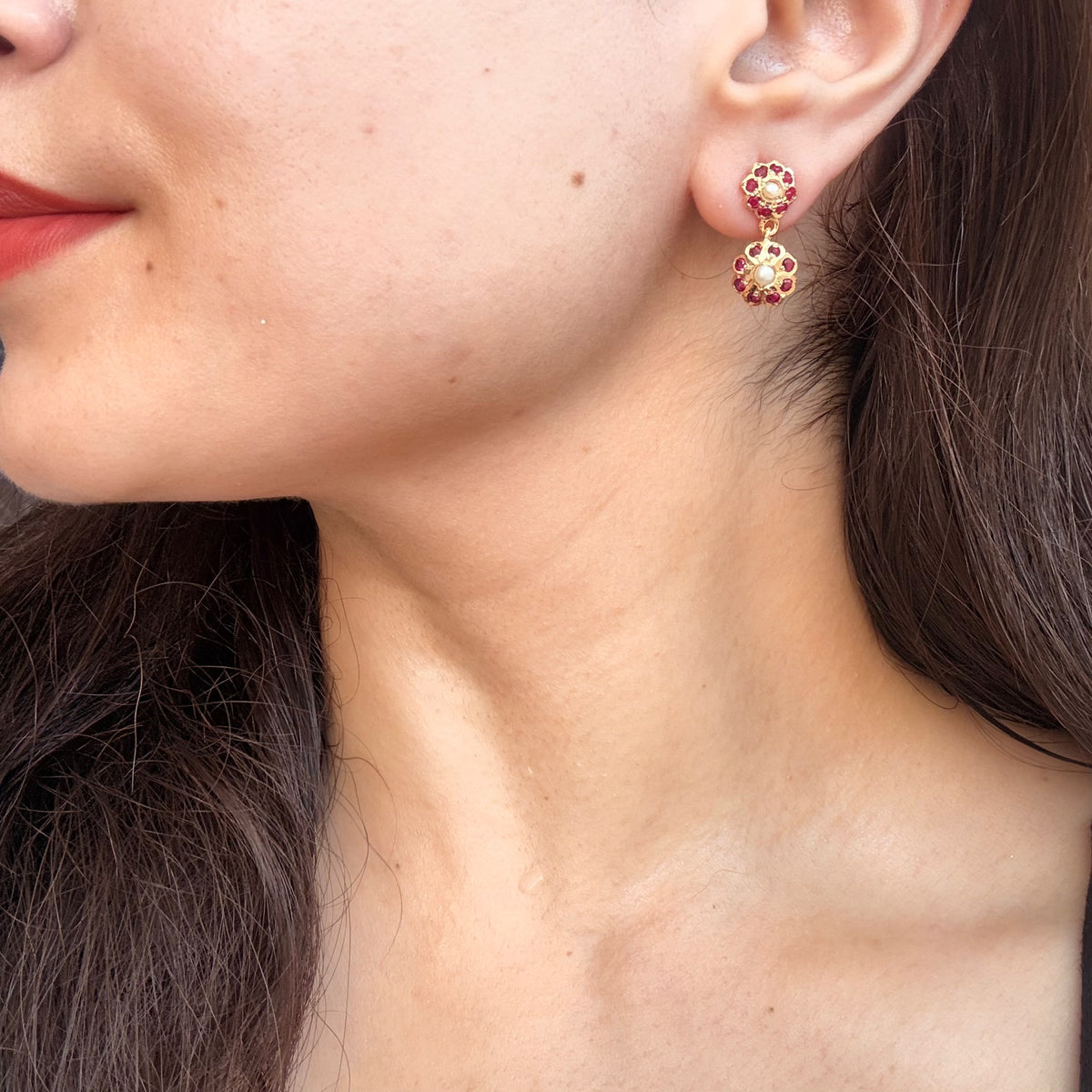 Ruby-Red Stone And Pearl Floral Drop Earrings ER 773