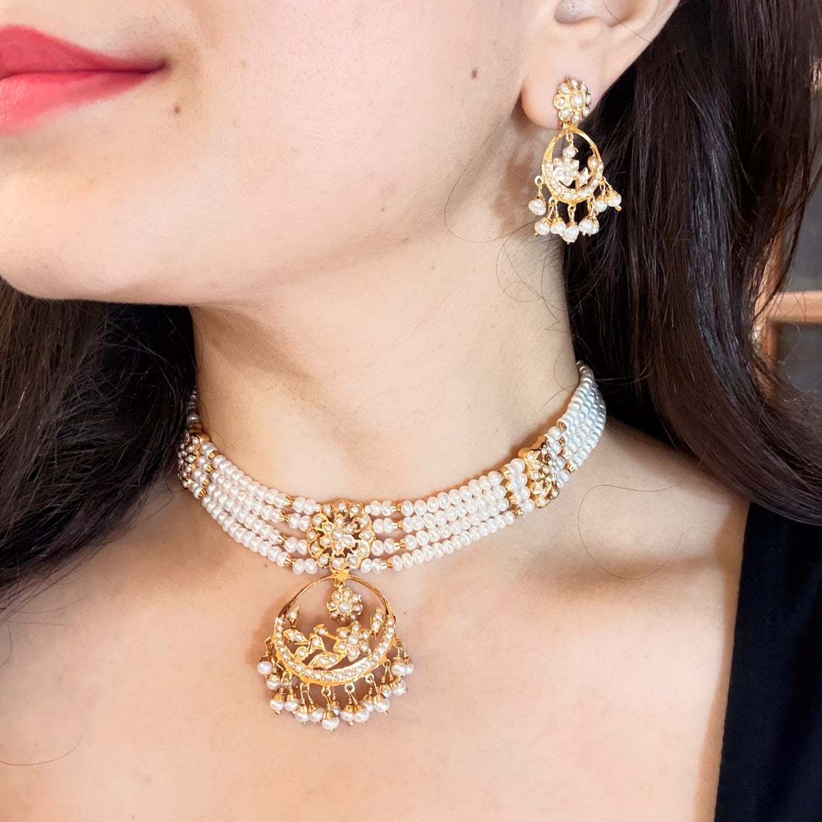Freshwater Pearl Chandbali Choker Set in Gold-Plated 925 Silver NS 488