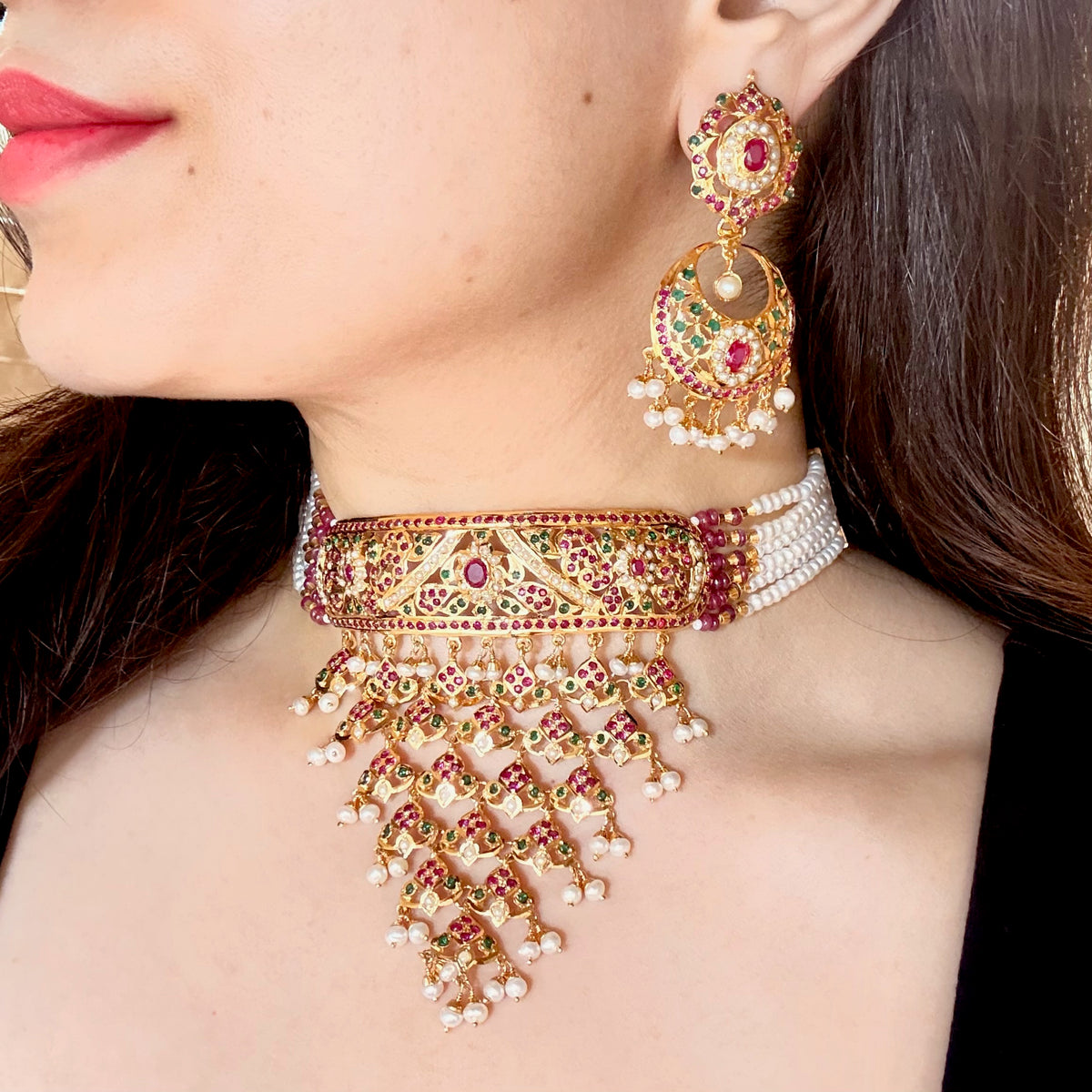 Bridal Jadau Choker Necklace with Chandbali Earrings | Gold Plated on Silver NS 485