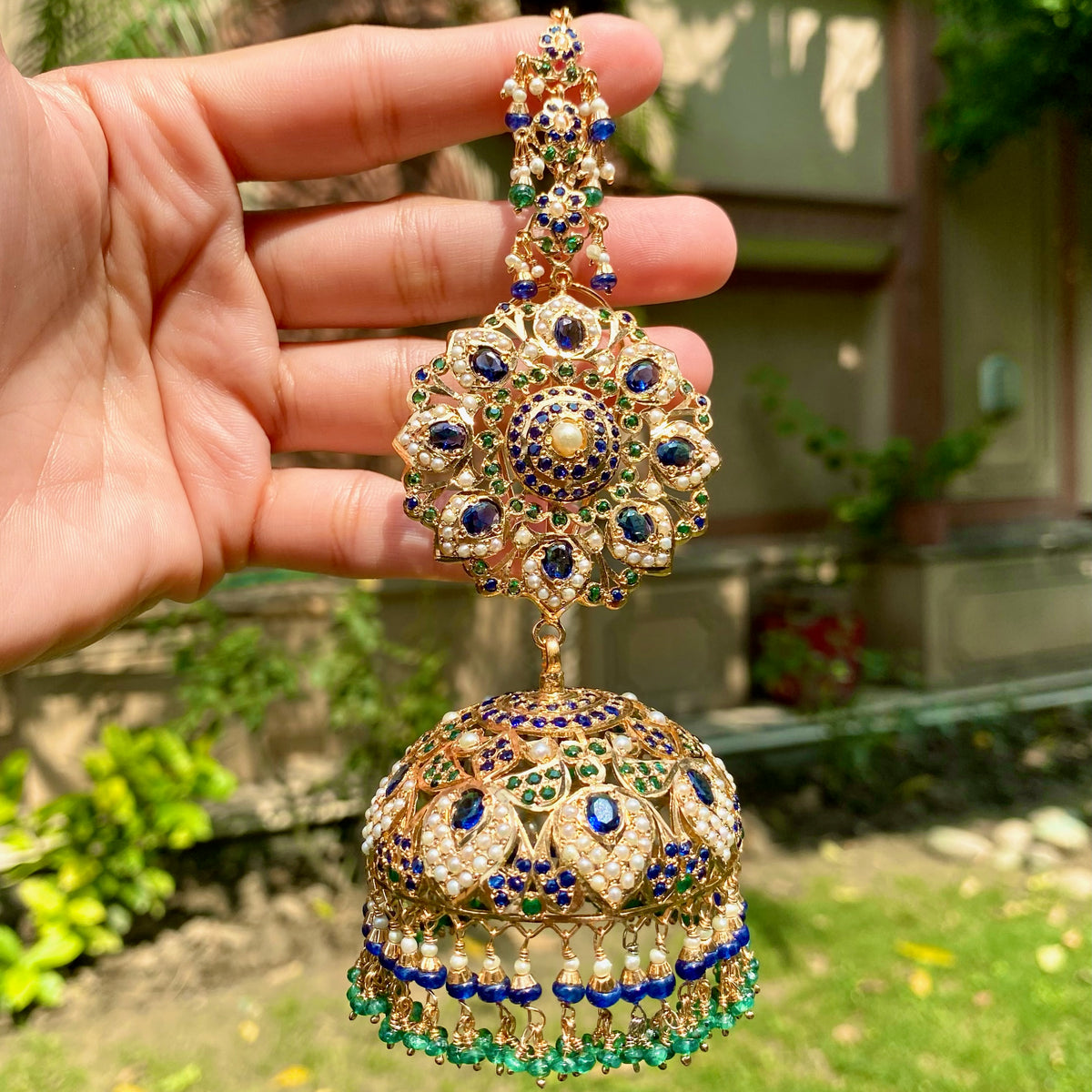 Grand Sapphire & Emerald Jadau Jhumka Earrings in Gold-Plated Silver ER 796