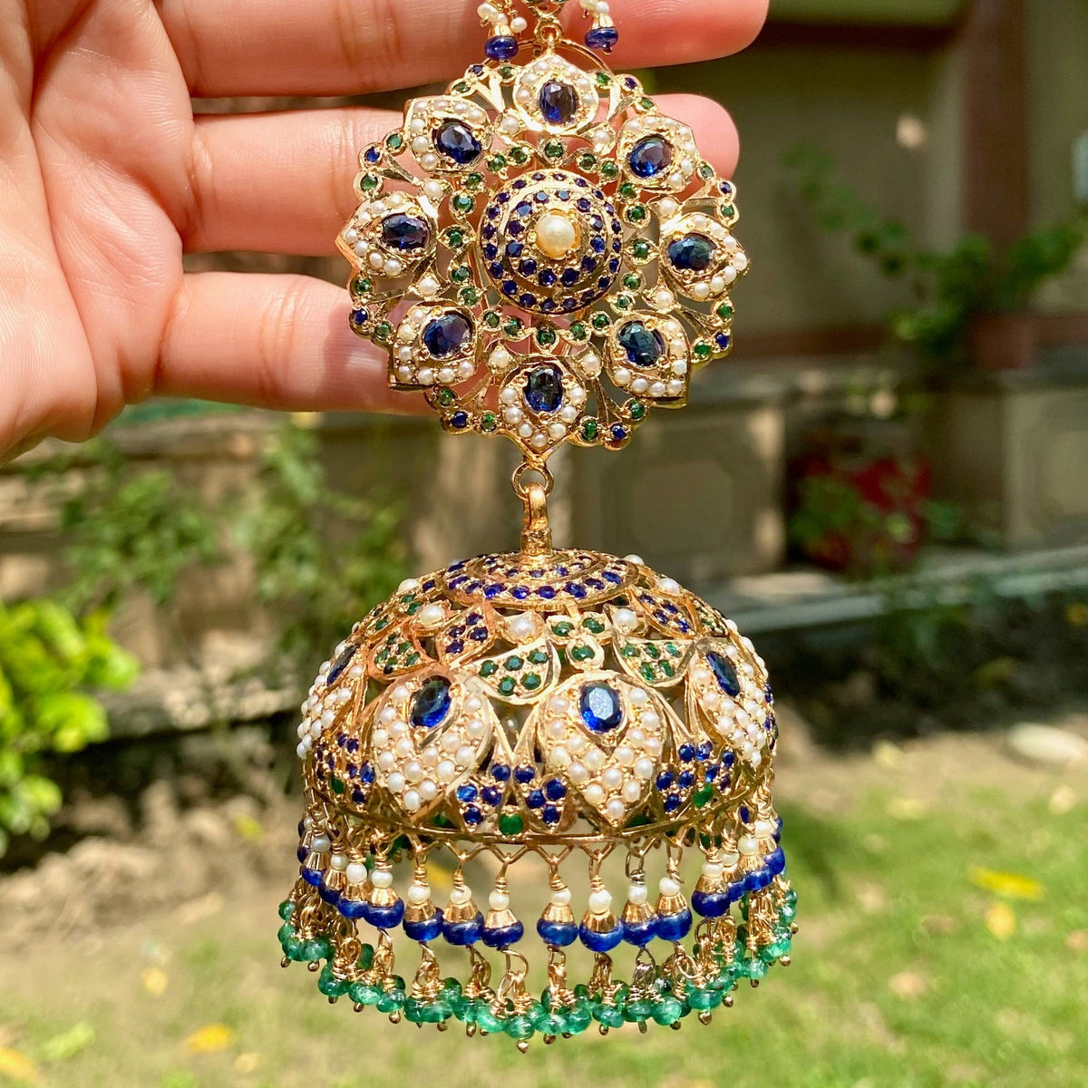 Grand Sapphire & Emerald Jadau Jhumka Earrings in Gold-Plated Silver ER 796
