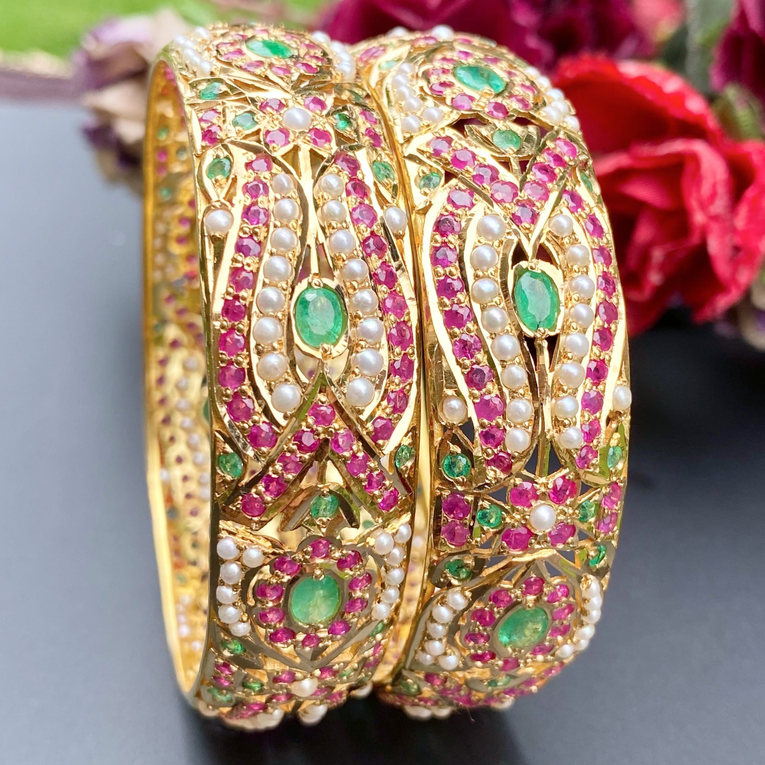 22k gold kada set with ruby emerald and pearls