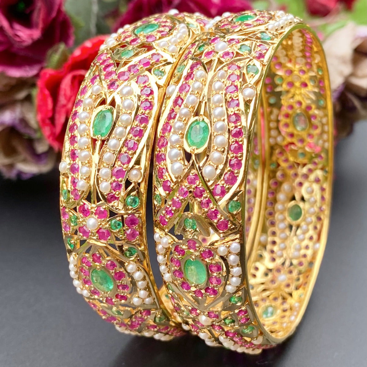 22k gold bangles with rubies and emeralds