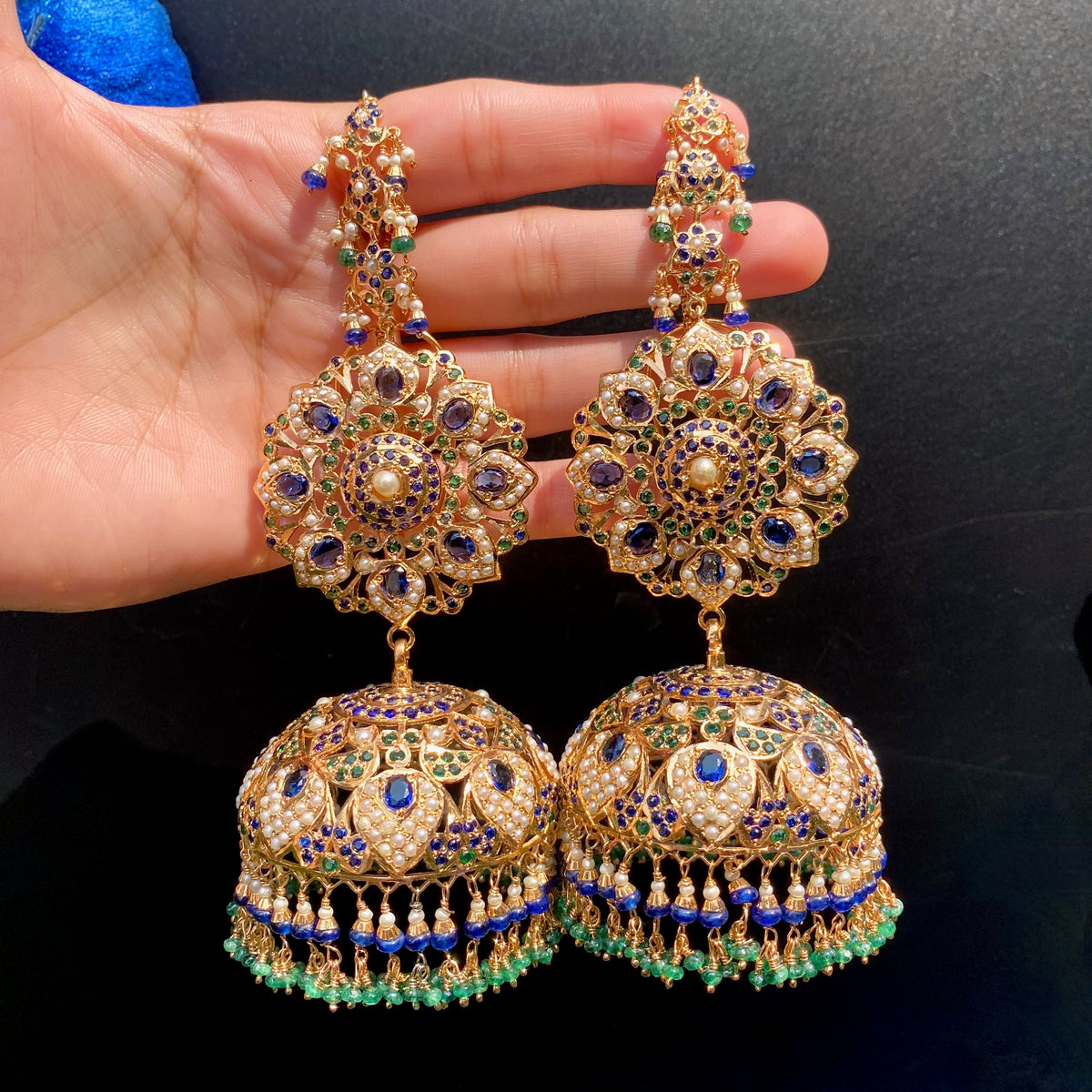 Grand Sapphire & Emerald Jadau Jhumka Earrings in Gold-Plated Silver ER 796