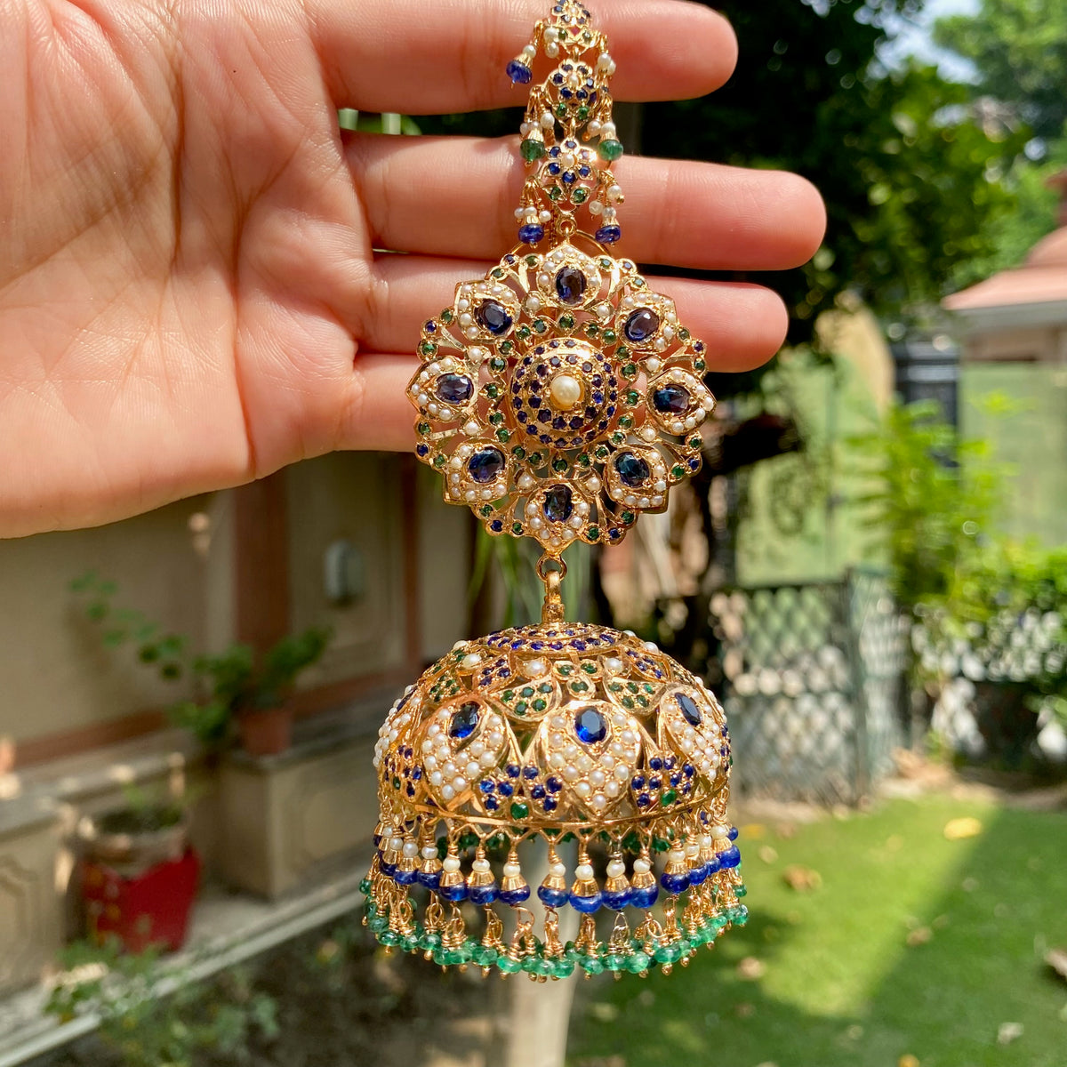 Grand Sapphire & Emerald Jadau Jhumka Earrings in Gold-Plated Silver ER 796