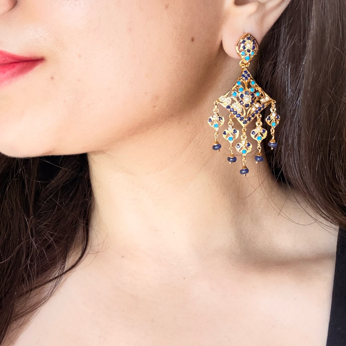 Turquoise, Sapphire Blue & Pearl Statement Earrings in Gold-Plated Silver ER 789