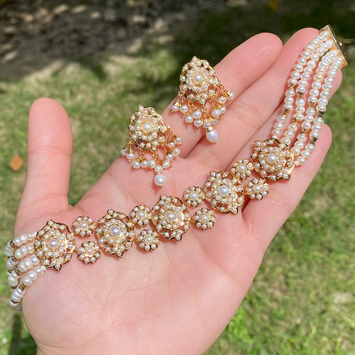 Elegant Pearl Choker Set Matched with Stud Earrings | Gold Plated on 925 Silver NS 497