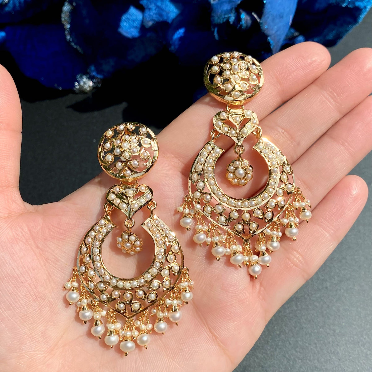 Statement Pearl Chandbali Earrings in Gold-Plated Silver ER 798