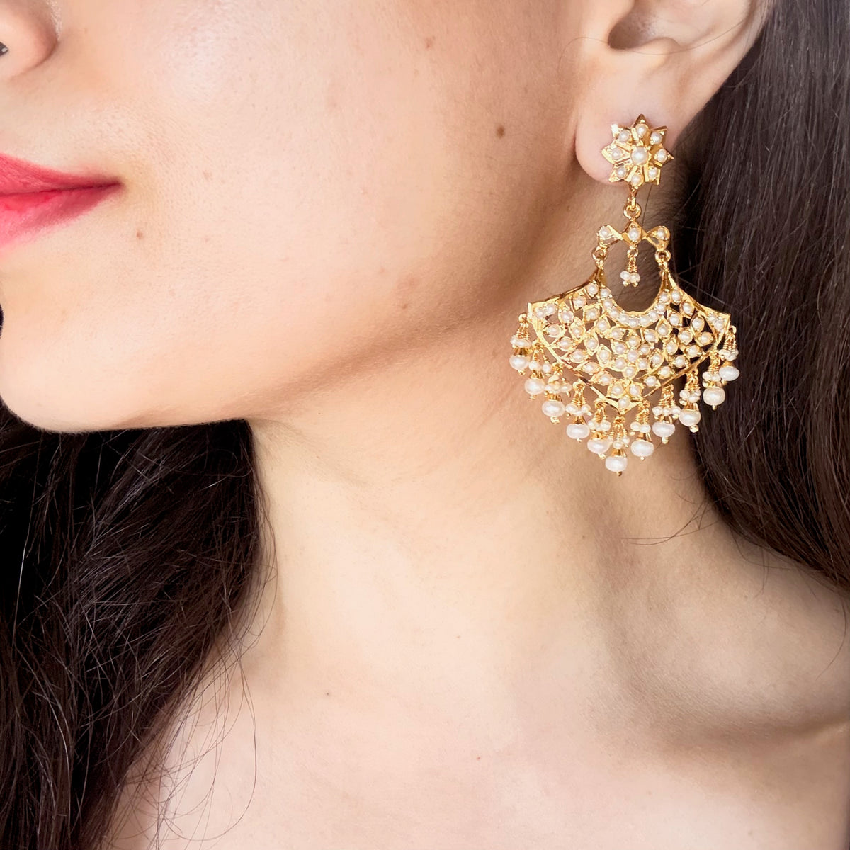 Pearl Jadau Chandbali Earrings in Gold-Plated Silver ER 791