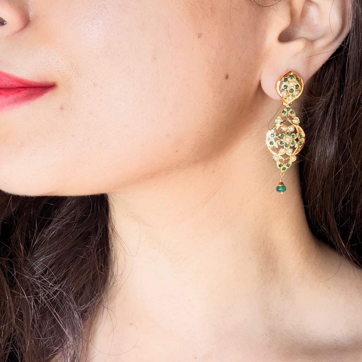 Emerald Green & Pearl Floral Statement Earrings in Gold-Plated Silver ER 788