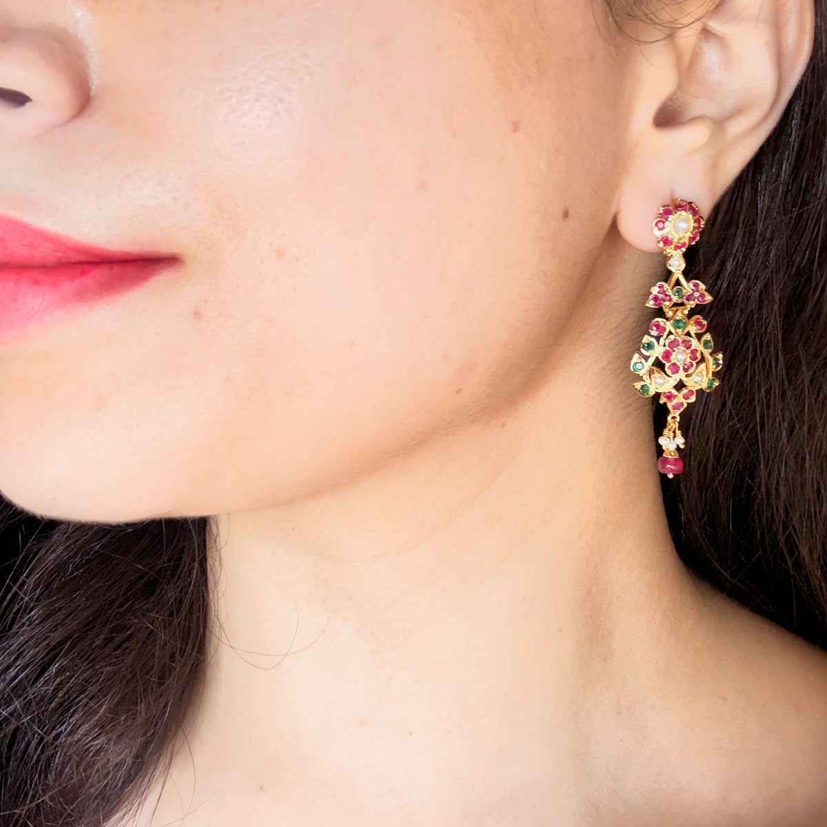 Floral Jadau Earrings in Gold-Plated Silver | Dainty Design ER 795