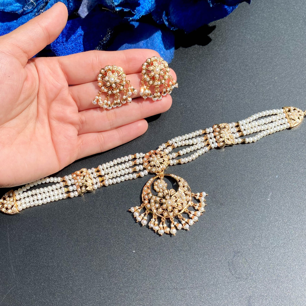 Pearl Choker Set with Floral Medallions & Matching Earrings | Gold Plated on 925 Silver NS 494