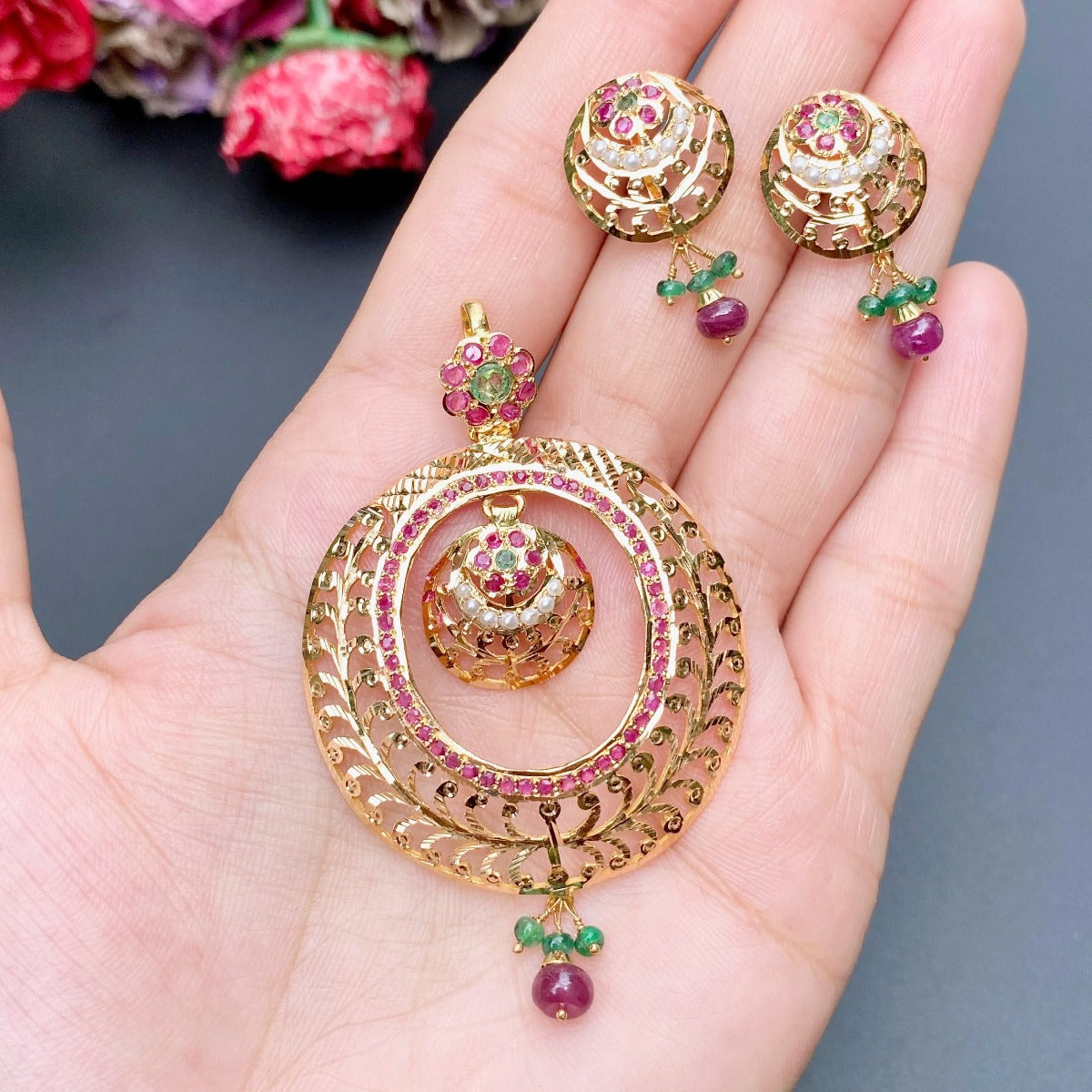 22k Gold Pendant Set | Ruby Emerald Pearl | Latest Light Weight Gold Design