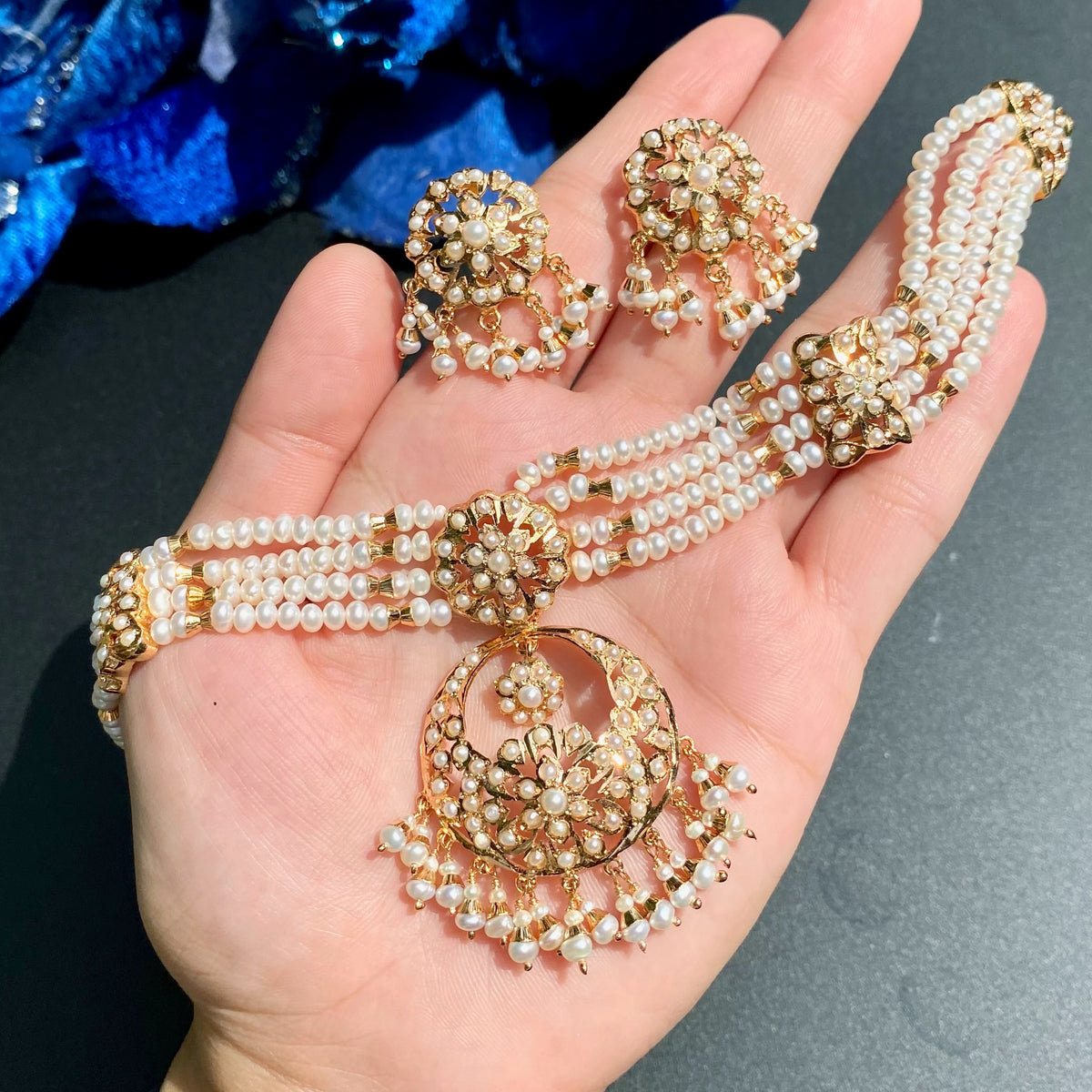 Pearl Choker Set with Floral Medallions & Matching Earrings | Gold Plated on 925 Silver NS 494