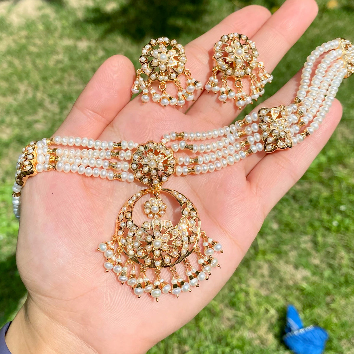 Pearl Choker Set with Floral Medallions & Matching Earrings | Gold Plated on 925 Silver NS 494