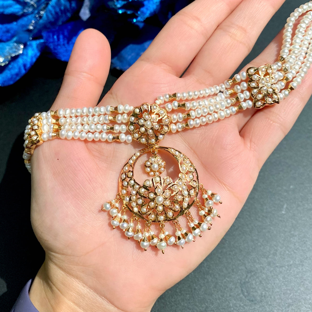 Pearl Choker Set with Floral Medallions & Matching Earrings | Gold Plated on 925 Silver NS 494