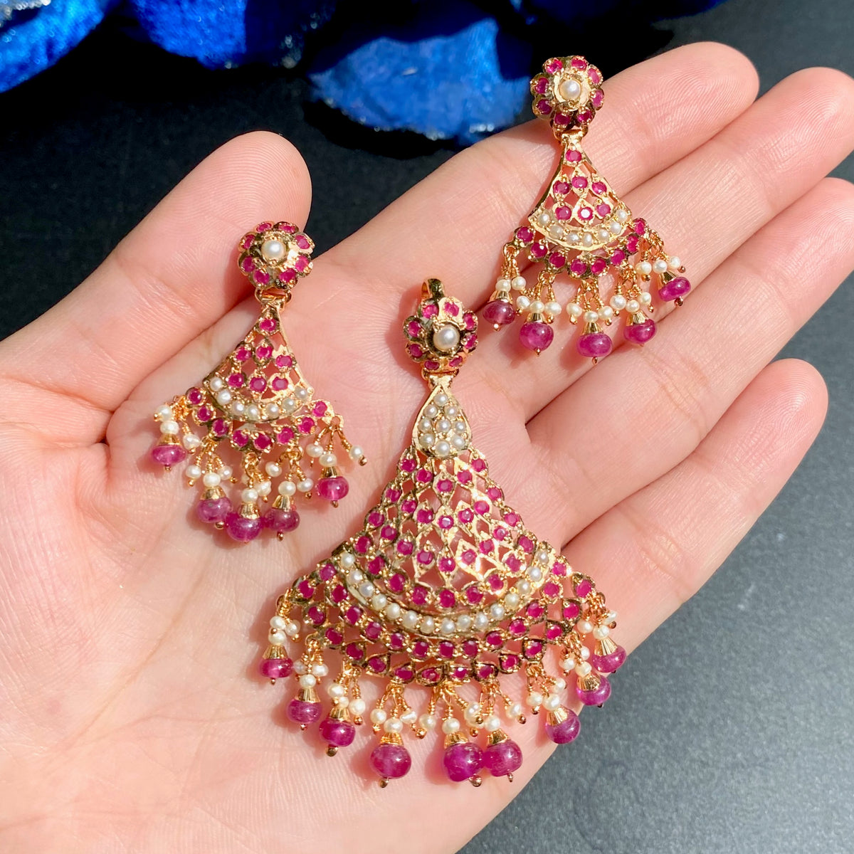 Ruby Red Stone & Pearl Pendant Set | Gold Plated on 925 Silver PS 147