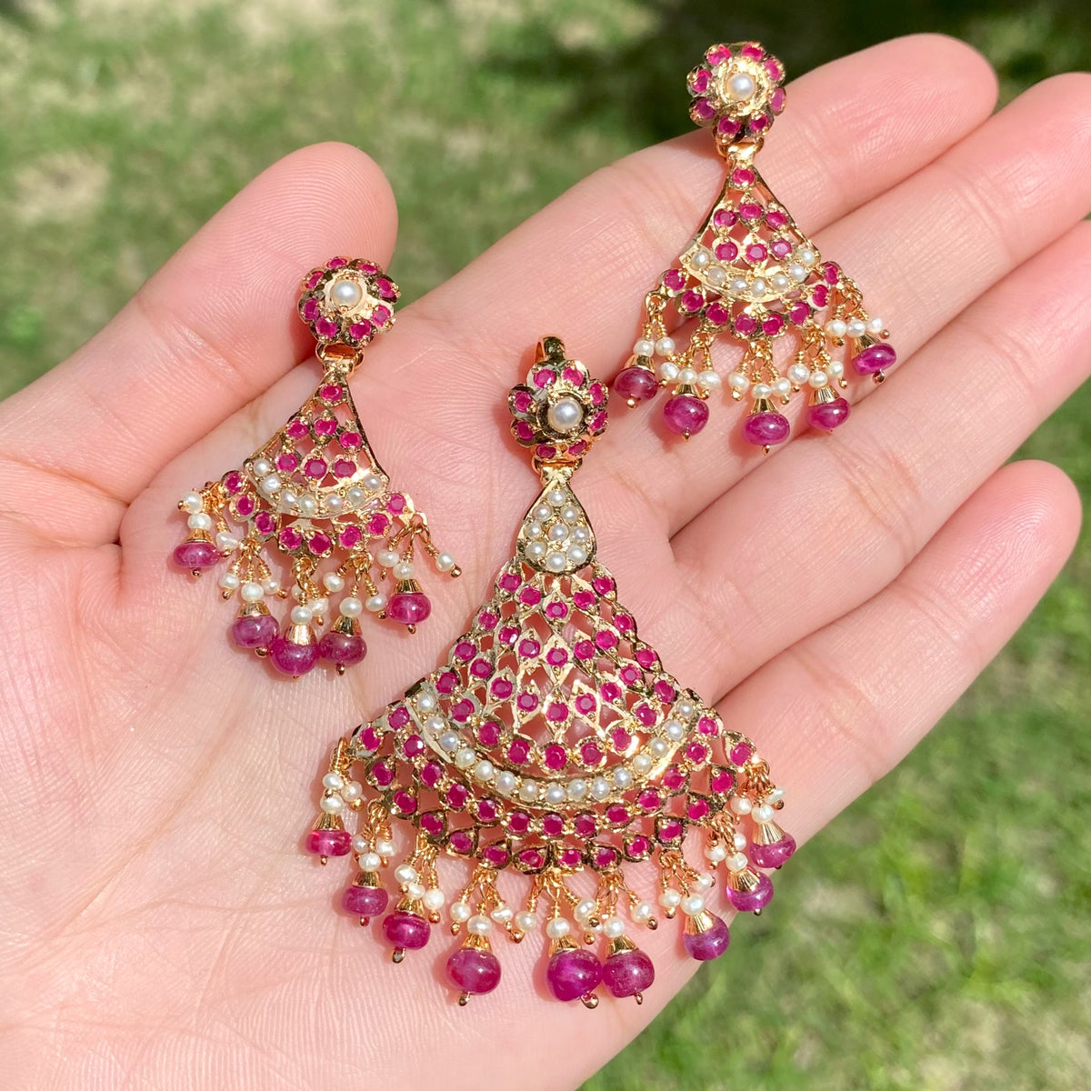 Ruby Red Stone & Pearl Pendant Set | Gold Plated on 925 Silver PS 147