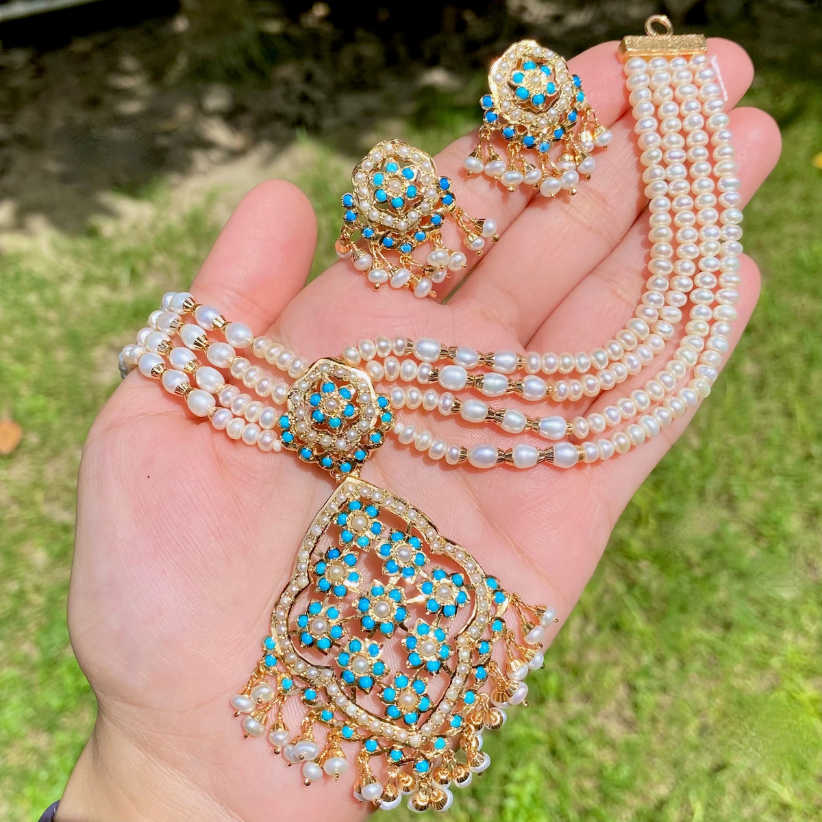 Floral Pearl & Turquoise Choker Necklace Set | Gold Plated on 925 Silver NS 492