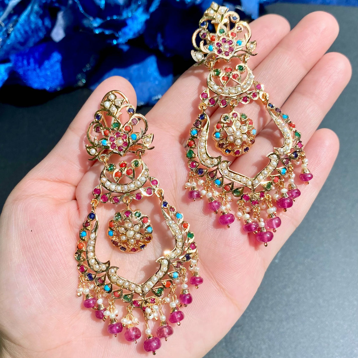 Tall Navratna Jadau Chandbalis | Gold Plated on Silver ER 797