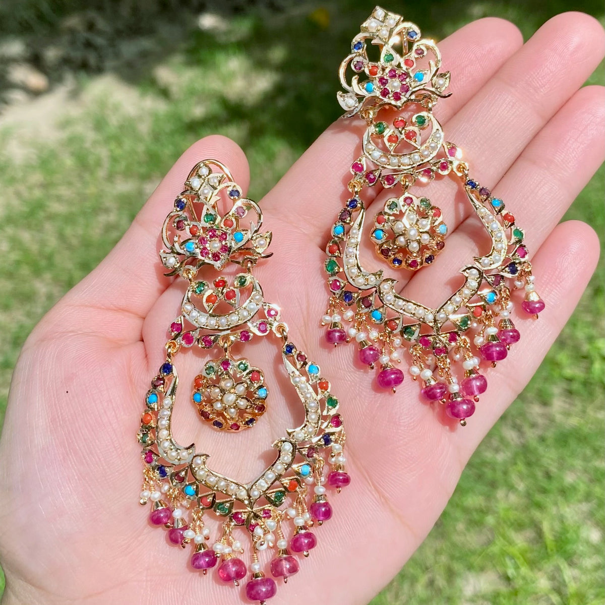 Tall Navratna Jadau Chandbalis | Gold Plated on Silver ER 797