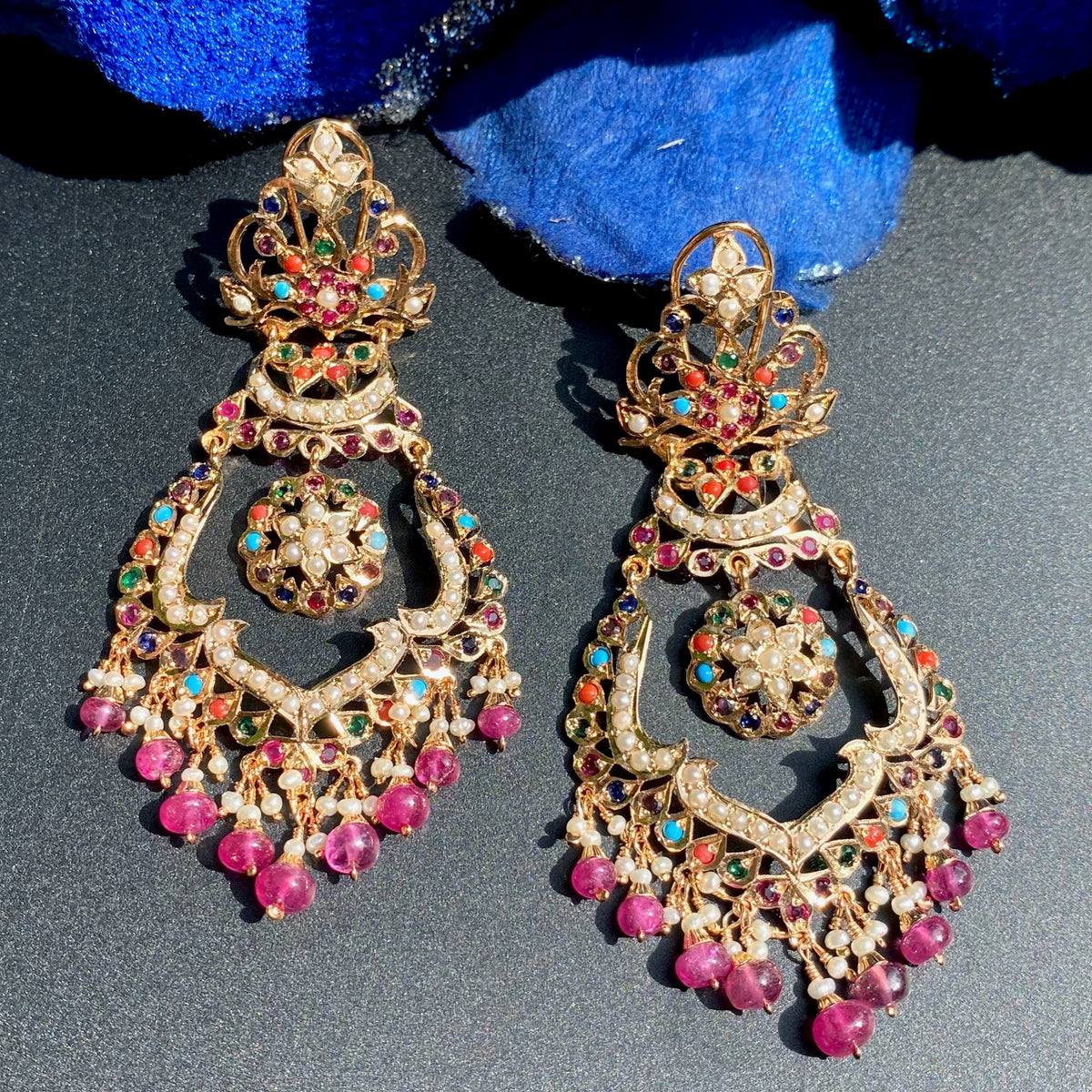 Tall Navratna Jadau Chandbalis | Gold Plated on Silver ER 797