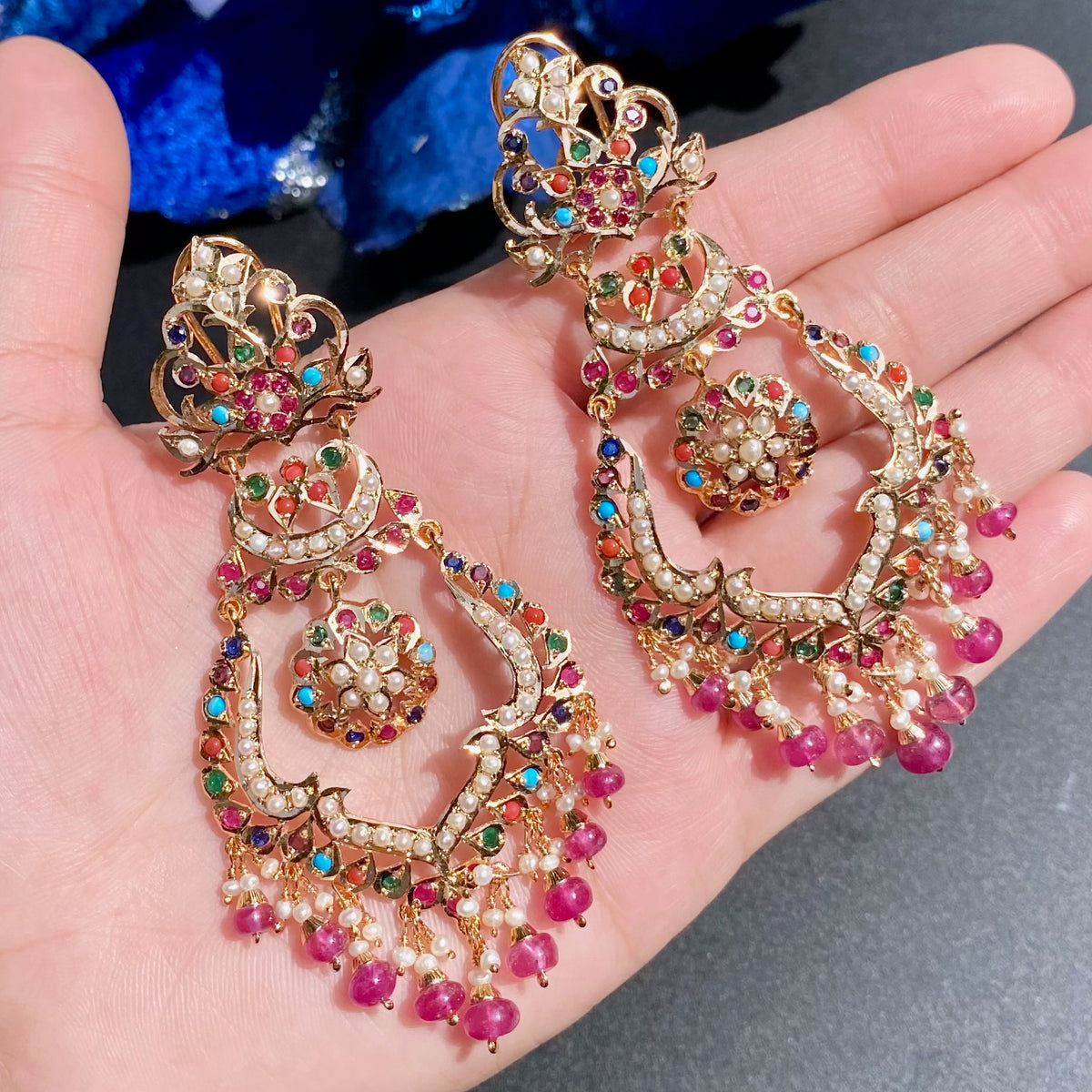 Tall Navratna Jadau Chandbalis | Gold Plated on Silver ER 797