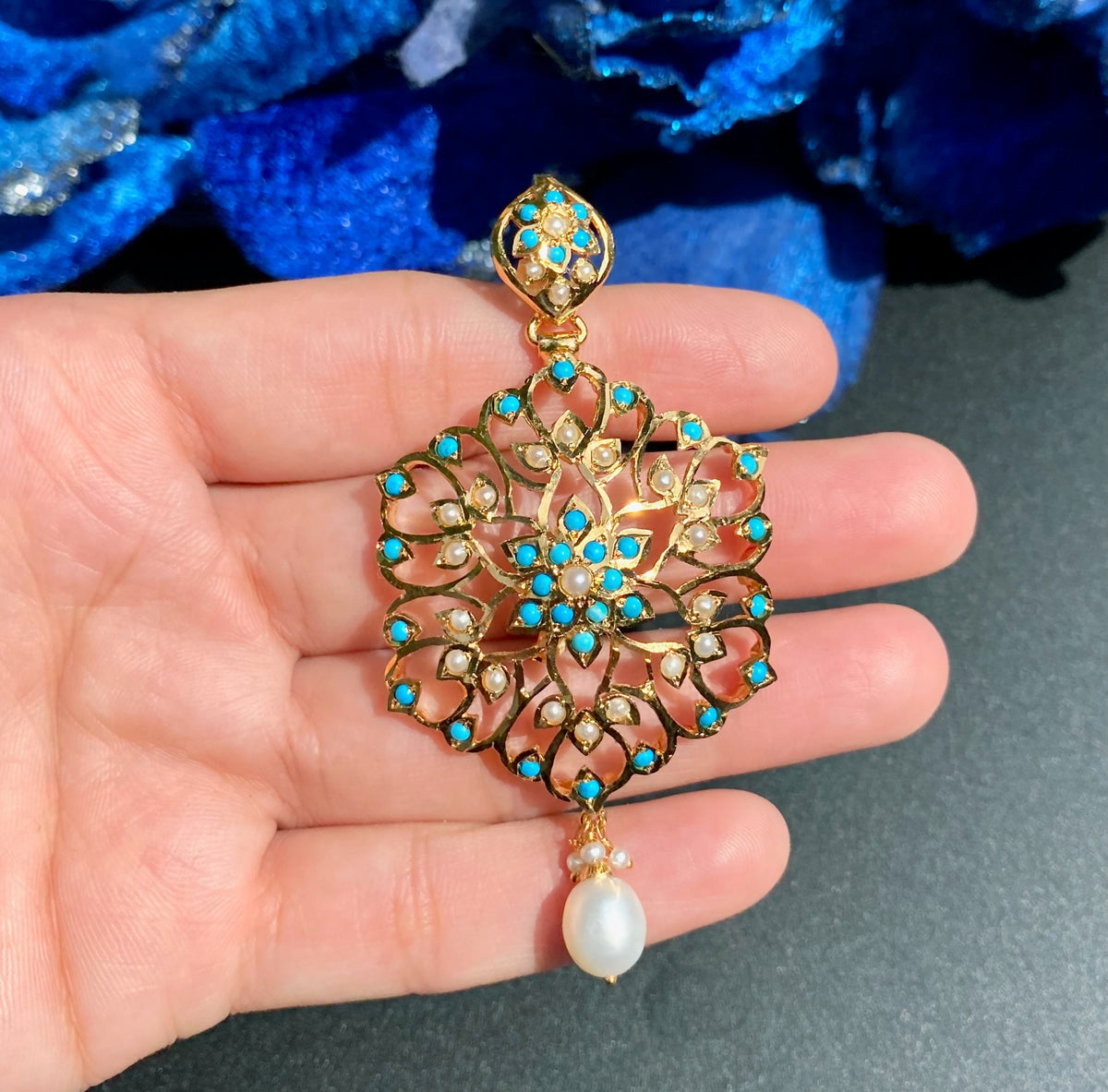 Indo Western Wear Turquoise & Pearl Pendant Set | Gold Plated on Silver PS 145