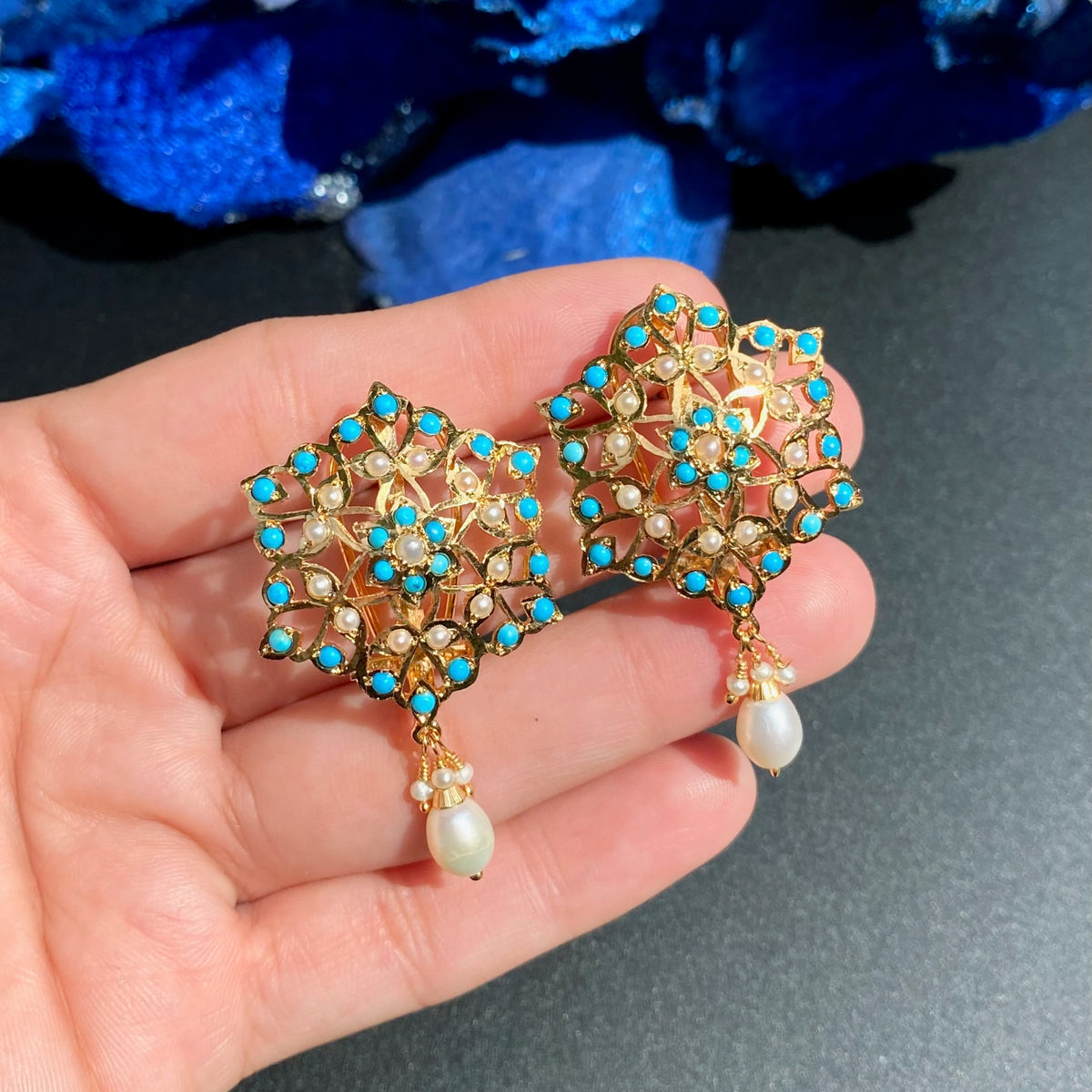 Indo Western Wear Turquoise & Pearl Pendant Set | Gold Plated on Silver PS 145