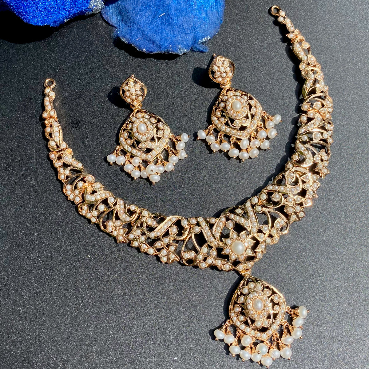 Vintage-Inspired Pearl Necklace & Earrings Set | Gold Plated on Silver 925 NS 496