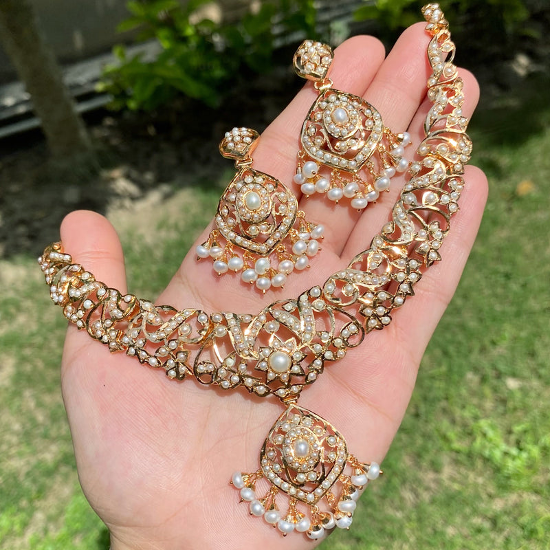 Vintage-Inspired Pearl Necklace & Earrings Set | Gold Plated on Silver 925 NS 496