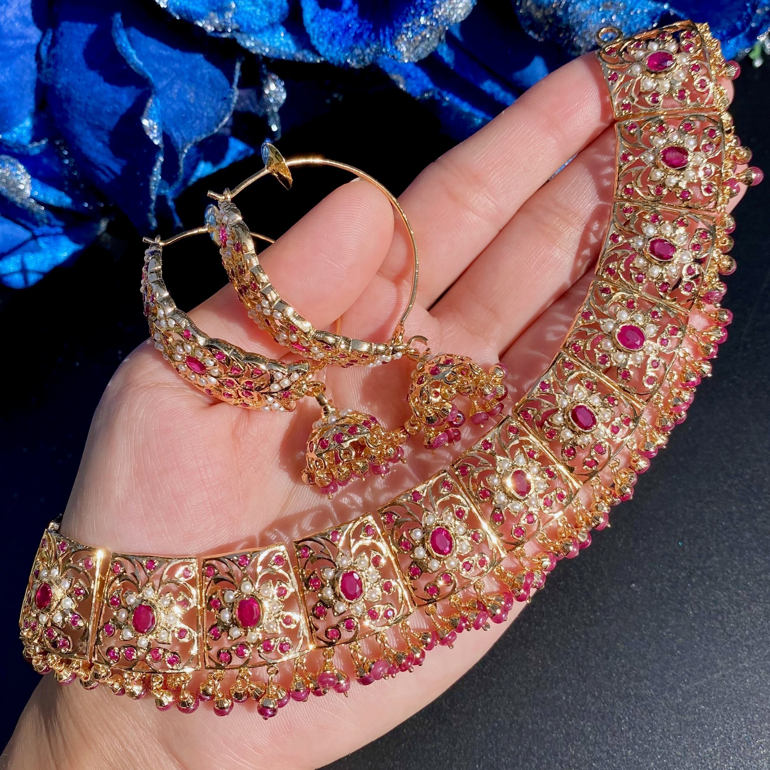 jadau ruby necklace with jhumkas