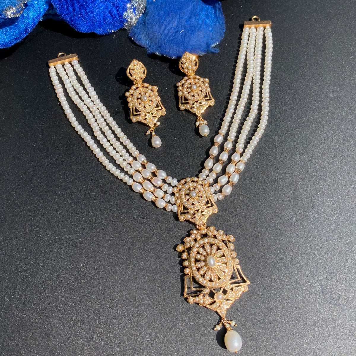 Vintage-Inspired Pearl Choker Set with Statement Earrings | Gold Plated 925 Silver NS 498